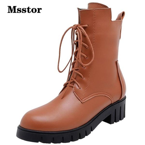 

boots platform women brown casual round toe fashion ankle lace up rubber short plush winter big size, Black