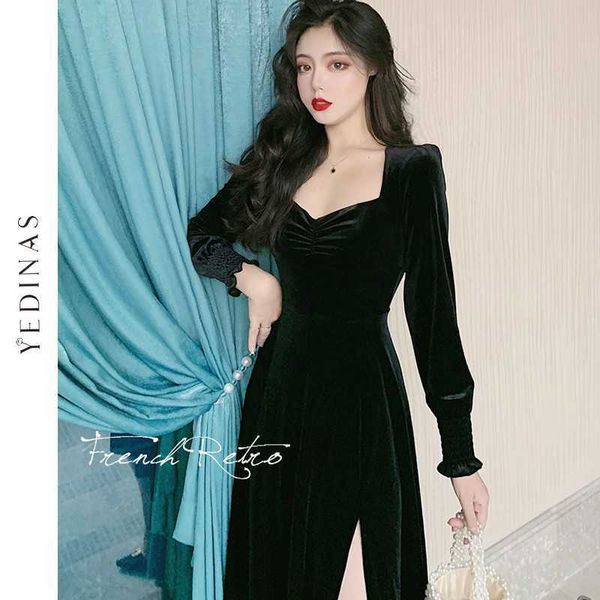 Yedinas Elegantes schwarzes Kleid Frauen Vintage Damen Prom Party Nacht Formales Langarm Bodycon Sexy Gothic Kleidung 210527