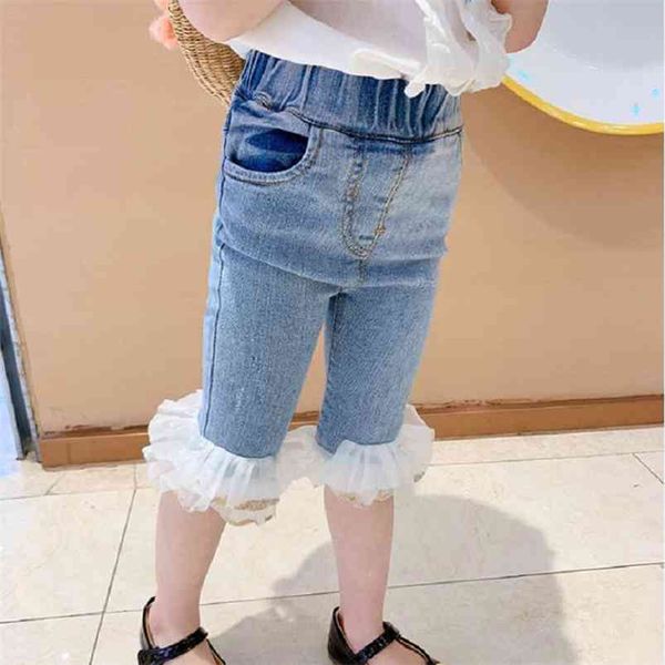 

girls' trousers all-match stitching mesh jeans summer shorts baby kids children's clothing for girls elastic belt 210625, Blue