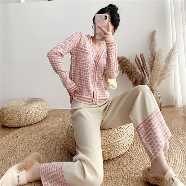 

autumn winter houndstooth two womens pants piece suit elegant v neck cardigan sweater coat wide leg sets outfits, White