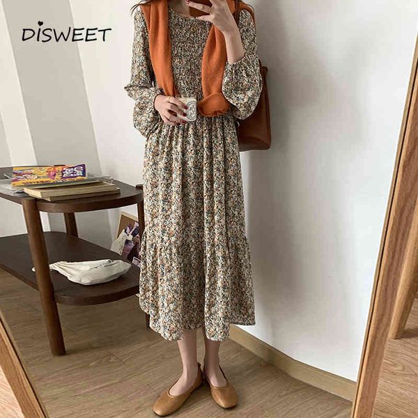 

dresses floral o-neck woman retro long-sleeved loose pleated women spring high waist slim long es women's, Black;gray