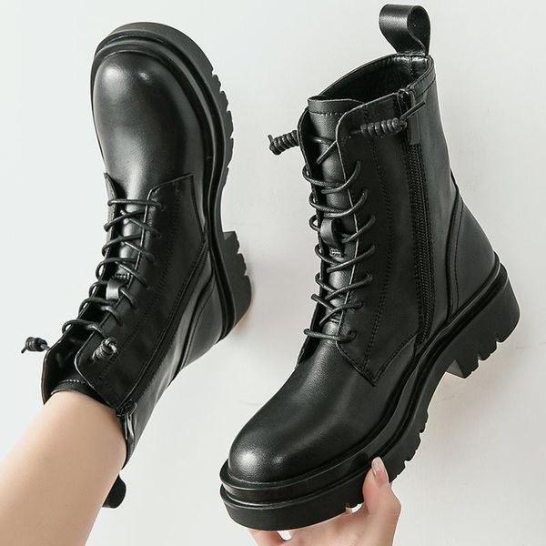 

boots cowhide shoes punk female motorcycle woman chunky heels genuine leather knitting women ankle, Black
