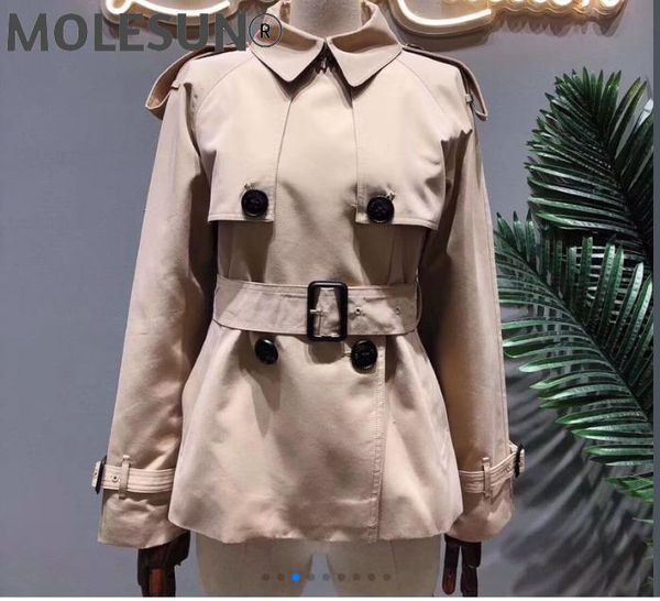 

women's trench coats british coat short style classic khaki trenches, Tan;black