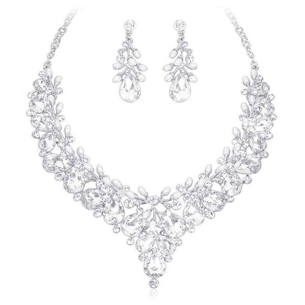 

earrings & necklace fashion pearl crystal african luxury bridal jewelry set brides wedding dress accessories gift for women, Silver