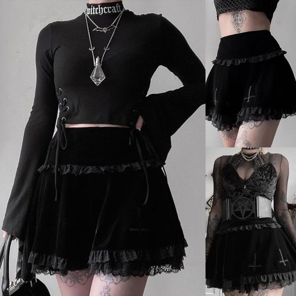 

skirts women dark gothic velvet black pleated mini skirt punk cross embroidery lace trim patchwork high waisted flared a-line streetwea