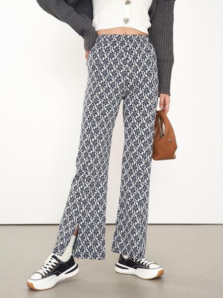 

women's pants & capris mummy cat 2021 autumn navy blue totem flower high-waisted wide open trousers, Black;white