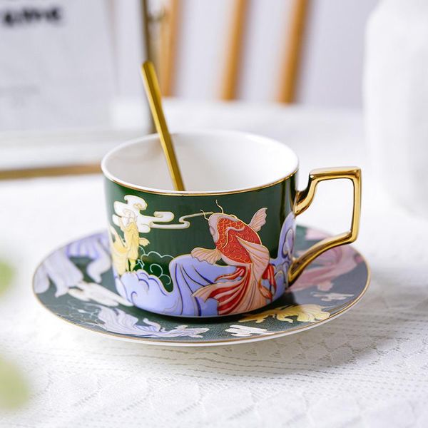 

cups & saucers ceramic coffee set porcelain tea mugs with gold spoons gifts presents kitchen drinking utensils tableware
