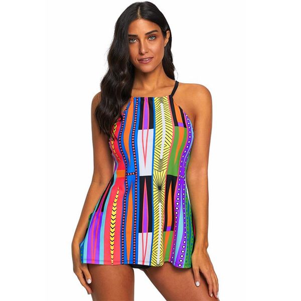 

women plus size two piece suits printed tankini swimwear striped tank briefs bathing wetsuits 2021 one-piece