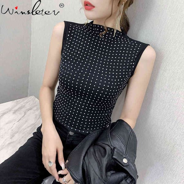 

women's t-shirt spring fall european clothes girl chic shiny diamonds sleeveless cotton women bright black tees t0d111a, White