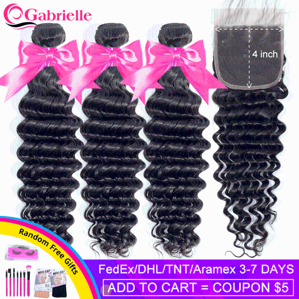 

human hair bulks brazilian weave bundles with closure deep wave 3 lace pre-plucked remy gabrielle, Black
