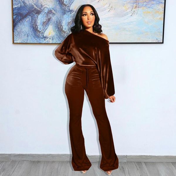 

women's two piece pants kayotuas women velvet off-the-shoulder crop flare club outfits 2022 fashion streetwear matching sets, White