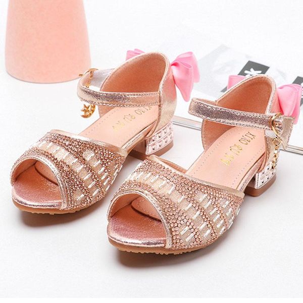 

girls sandals summer 2021 children's princess shoes big high-heeled bow-knot crystal kids party dress csh992, Black;red