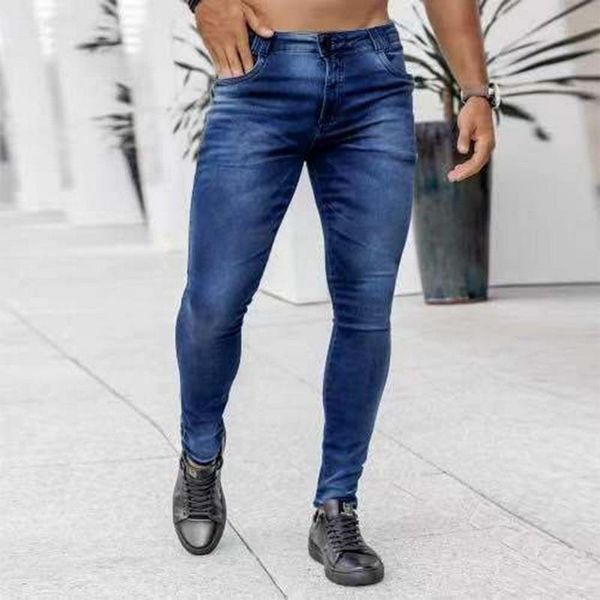 

men's jeans men denim trousers straight slim fit skinny elasticity biker pants mid waist pencil streetwear 2021 fashion, Blue