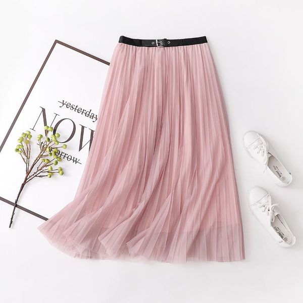 

skirts pink black gray khaki mesh pleated skirt women spring summer calf length chic classy with lining korean streetwear 2021