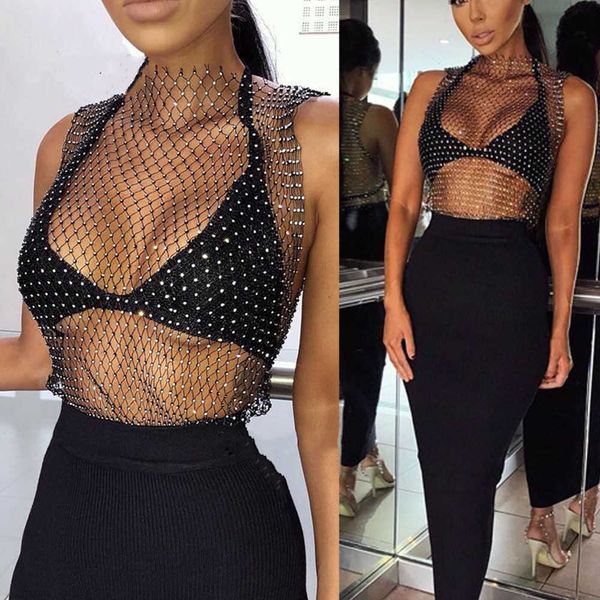 

women sleeveless mesh rhinestone partywear tank see through crystal shining crop t-shirts clubwear streetwear y0622, White