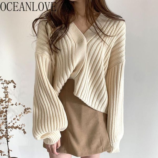 

women's knits & tees oceanlove lantern sleeve women sweaters solid v neck korean chic autumn winter cardigans vintage all match chaquet, White