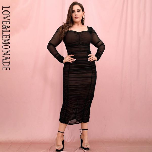 

love&lemonade plus size tube black elastic mesh bodycon long sleeve midi dress lm81941-1plus casual dresses, Black;gray