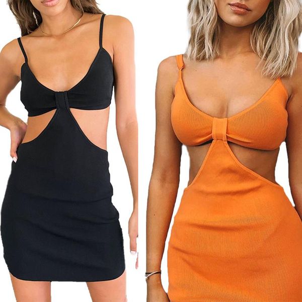 

women's solid color sling dress, low neck hollowed waist slimming skirt for summer wear swimwear, White;black