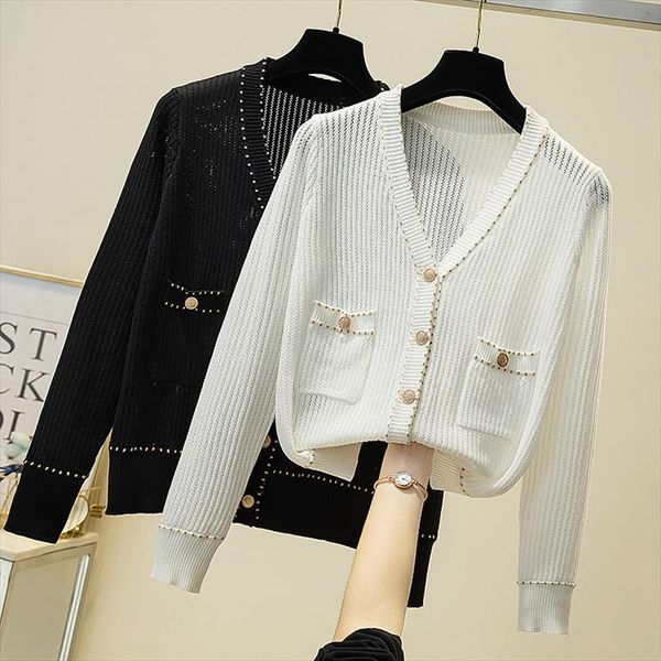 

elegant v neck knitted women sweaters cardigan fashion spring autumn vintage hollow out black white ladies, White;black