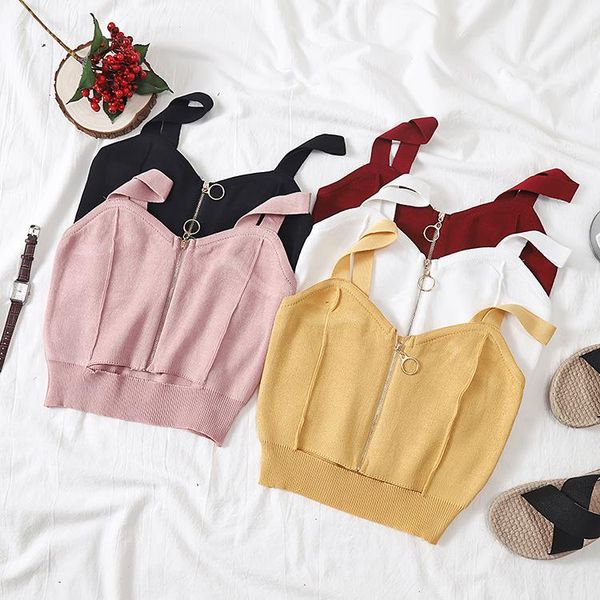 

women's tanks & camis spring summer women slim knitting off-shoulder tank crop female knitted camisole cropped sleeveless short t-shir, White