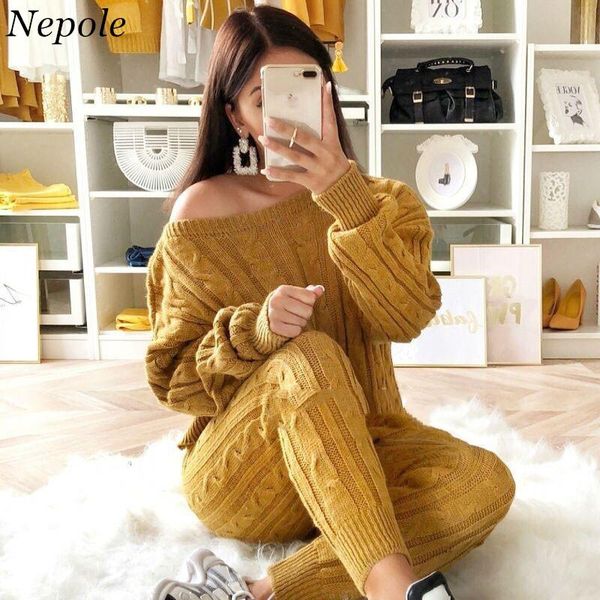 

neploe fashion knitted two pieces set o-neck solid sweater+pants elastic waist 2021 spring autumn plus size modis suits 69853 women's p, White
