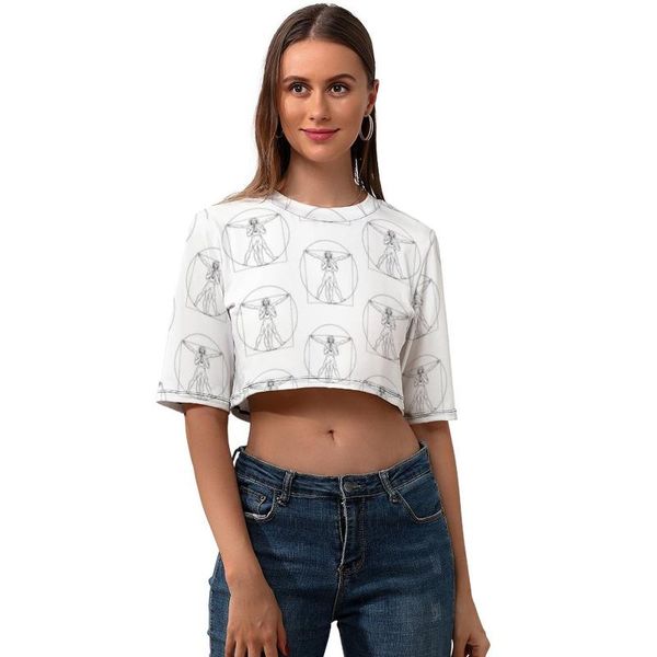 

women's t-shirt vitruvian crop tee shirt graphic lady t o neck kawaii short-sleeve casual polyester tshirt, White