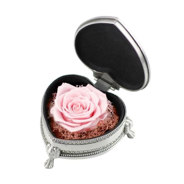 

gift wrap red rose heart-shaped silver box real flower for valentine's gifts mother's day women wedding christmas with wood