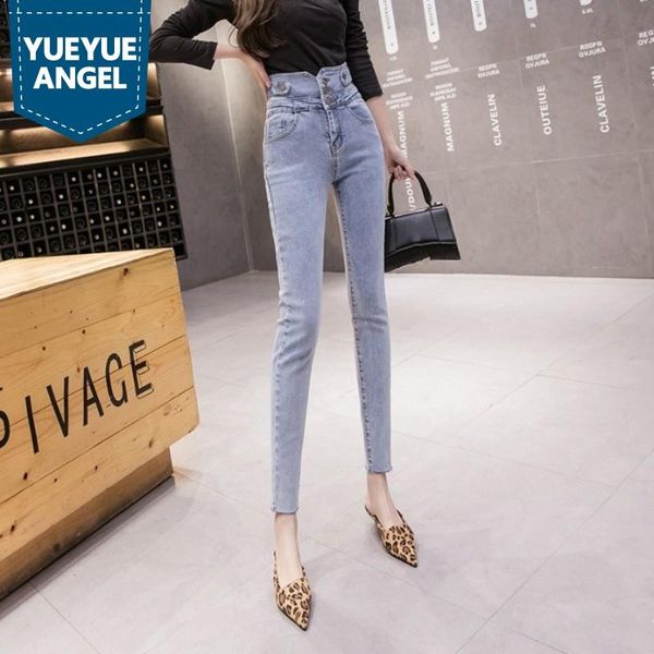

women's jeans women high waist buttons skinny pencil pants fashion slim fit office ladies denim ankle length casual, Blue