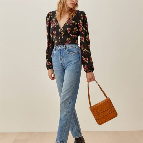 

summer women's casual flower print v-neck long-sleeved shirt 210430, White