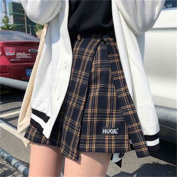 

casual basic fashion all match plaid vintage irregular high waist college wind new fashion female women mini skirts 210319, Black
