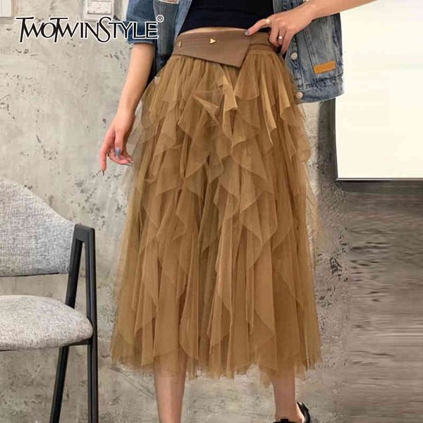 

solid patchwork rivet mesh ball gown for women high waist minimalist midi skirts female summer fashion clothes 210428, Black