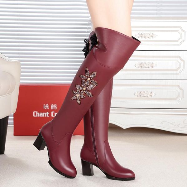 

boots 2021 autumn and winter fashion style women's side zipper high comfortable thick warm crystal flower lace-up, Black