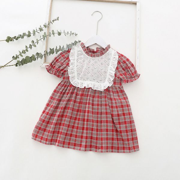 

girls dresses summer puff sleeves plaid print princess short stitching children 210515, Red;yellow