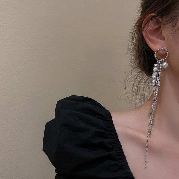 

dangle & chandelier trendy crystal silver color earrings for women zircon pearl chain long hanging korean fashion wedding jewelry