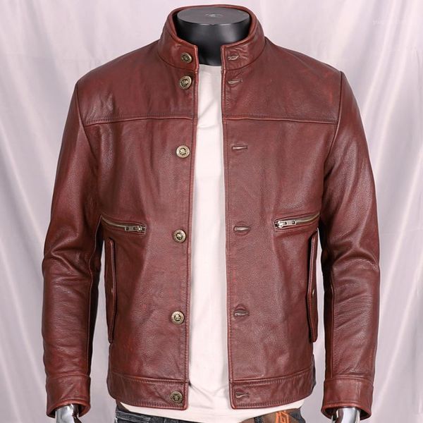 

men's leather & faux genuine cowhide dark brown jacket short motorcycle slim coat autumn/winter plus size 2xl 3xl, Black