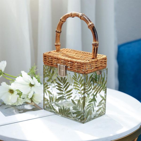 

evening bags handmade bamboo handle box shape bag leaf printing transparent acrylic shoulder