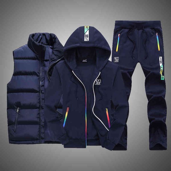 

sweat suit new winter men's clothing sets 3 pieces vest hoodie set fleece zipper casual sport sweatpant tracksuit outfit, Gray