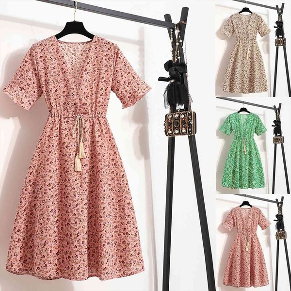 

spring bandage casual short sleeve women dress button floral print summer holiday style, Black;gray