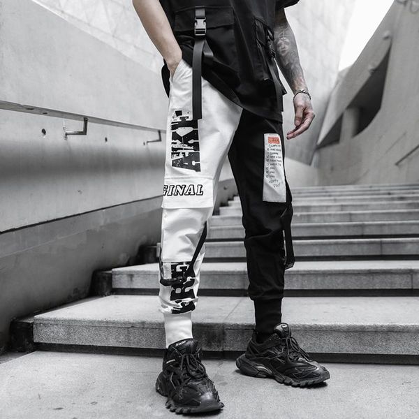 

men multi-pocket elastic waist harem pant streetwear punk hip hop casual trousers joggers male pants 2021 drop men's, Black