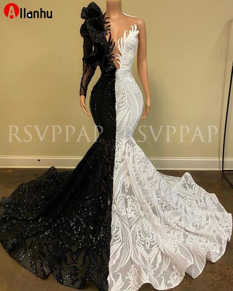 NOVO! Preto Branco Sereia Longo Vestido de Prom 2022 Notícias Chegada Sparkly Lantejoulas Uma Longa Manga Africana Girl Vestidos de Prom