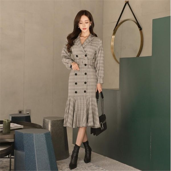

casual dresses autumn spring female office ladies ruffles plaid long women dress v-neck double breasted sashes elegant vestidos, Black;gray