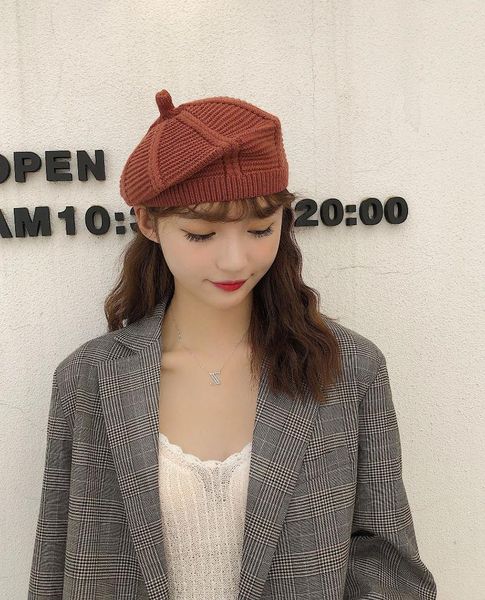 

berets y2k luxury women girl beret french artist designer hat warm knitted winter beanie solid retro elegant lady caps, Blue;gray