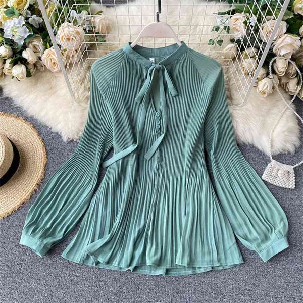 

autumn lady's shirt chic women fashion lace-up bow collar pleated chiffon blouse solid color elegant p066 210730, White