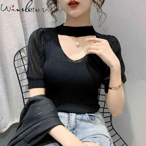

women's t-shirt summer european clothes knit t-shirt hollow out women halter beads short sleeve pullover elastic tees t1, White