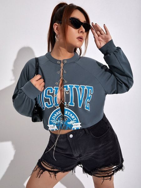 

plus grommet chain lace up letter & graphic print pullover 57rl#, Black