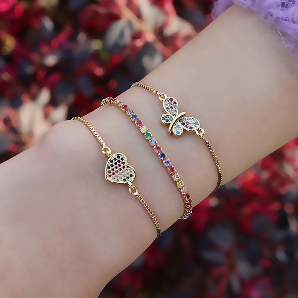 

cute small charms butterfly bracelet for woman 24k gold rainbow jewelry tiny heart adjustable tennis bijoux femme 2021 charm bracelets, Golden;silver