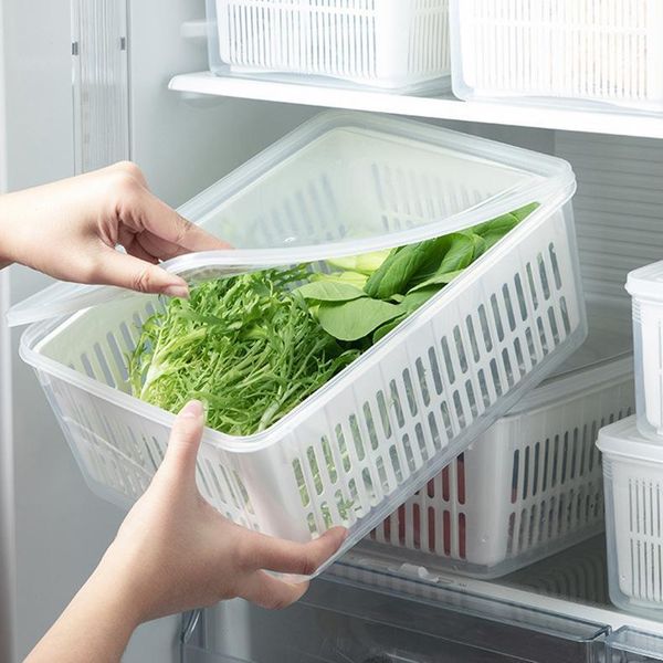 

1.5/3/4.5/7l refrigerator containers vegetable fruit box kitchen rectangular double-layer drain basket with lid storage bottles & jars