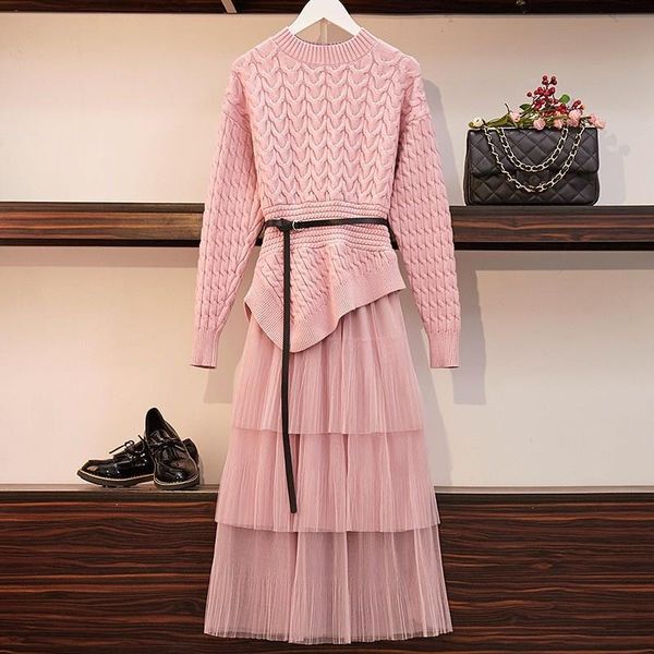 

two piece dress irregular sweaters mesh skirts sets long sleeve jumpers ruffles midi skirt knitted suits solid women outfits, White