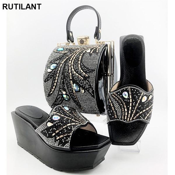 

dress shoes arrival with matching bag set for wedding party nigeria fashion women pumps and bags rhinestone, Black