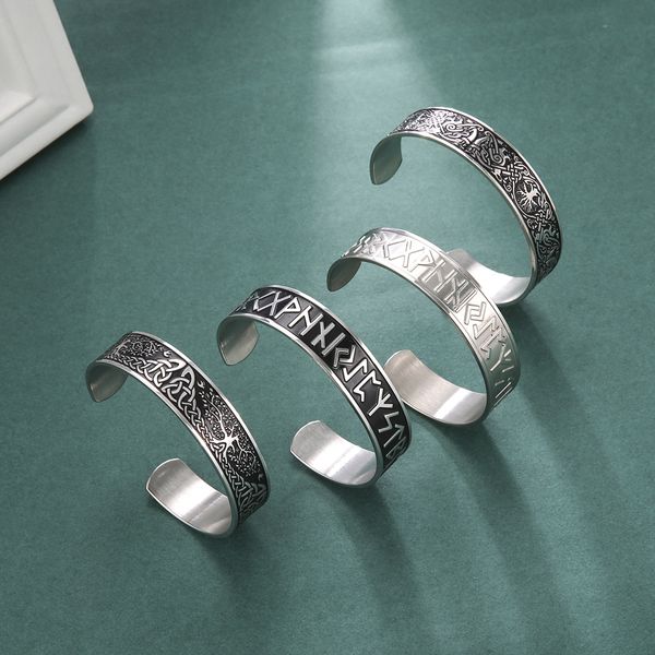 

skyrim stainless steel viking cuff bangle wicca amulet vintage nordic runes celtics knots tree of life bracelet for men women, White
